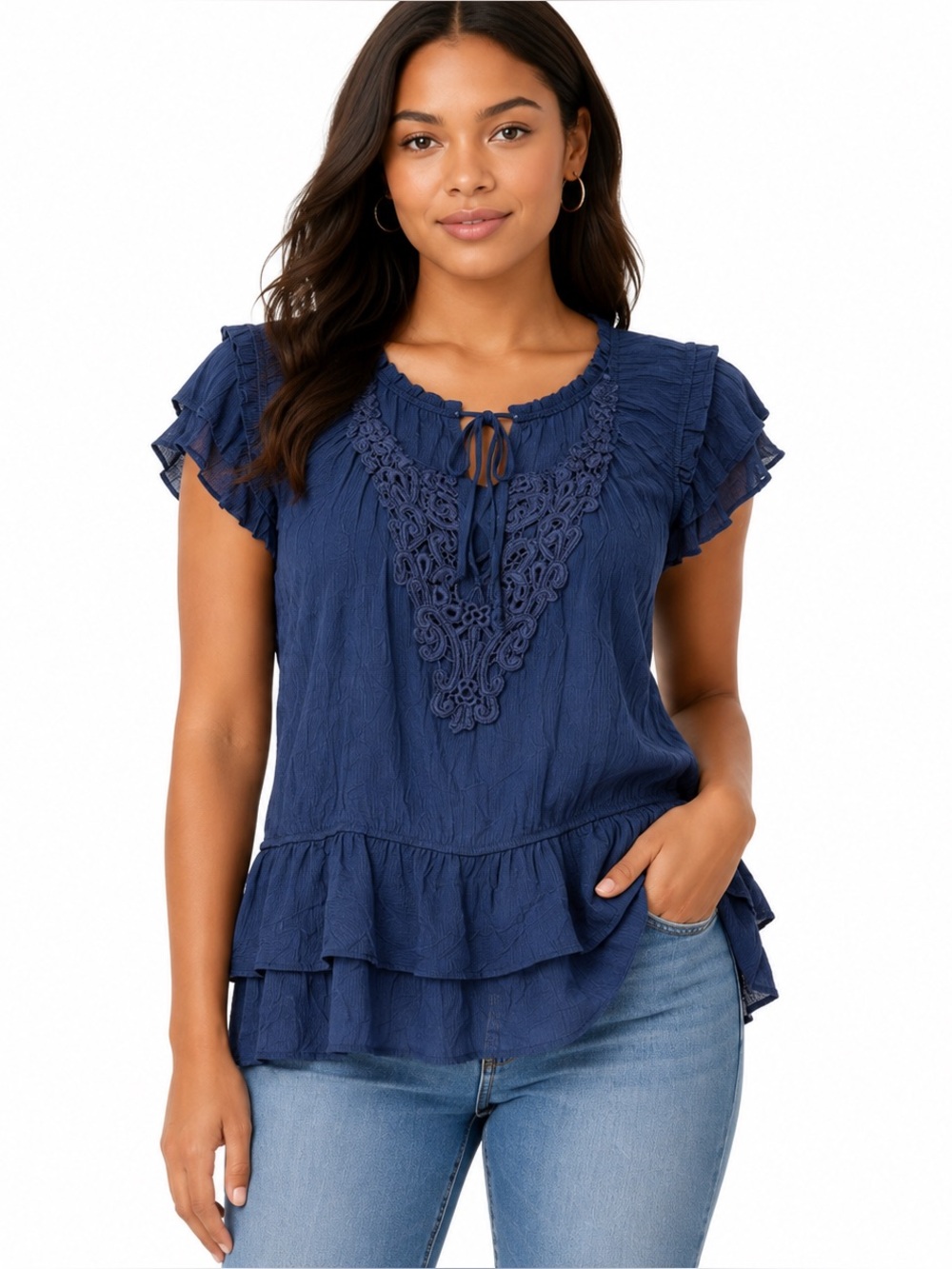 Mine Blue Crochet Lace Peplum Boho Ruffle Blouse Women’s Small